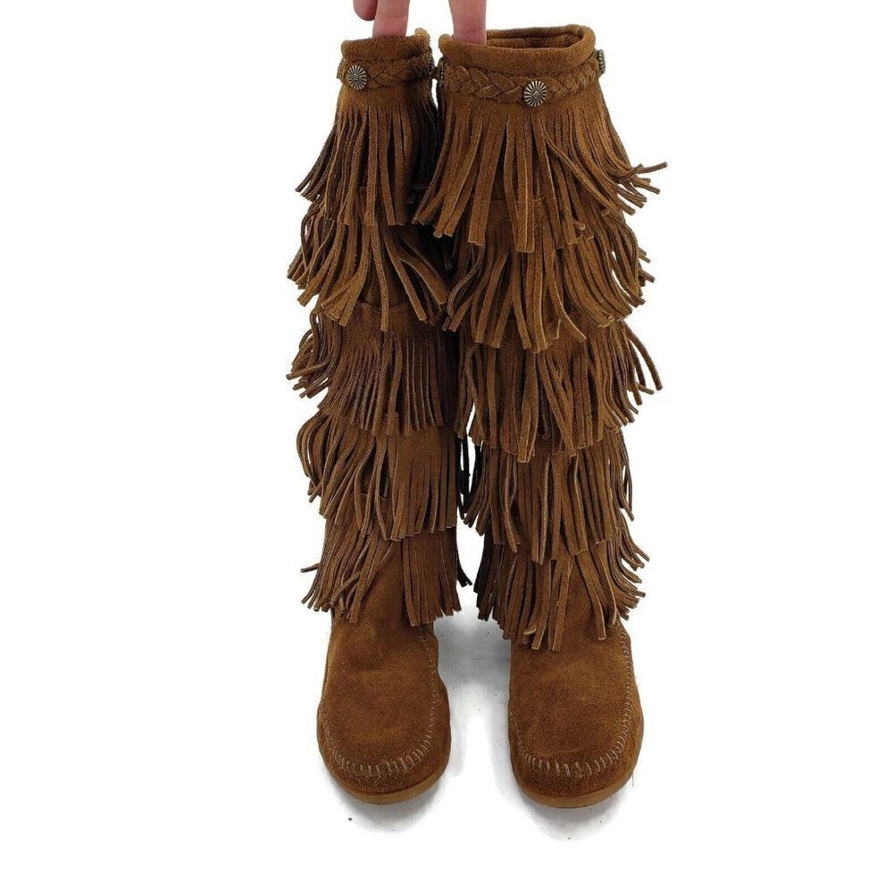 Minnetonka 5 Layer Fringe Boots Womens 7 Brown Suede Leather 1658 - Picture 2 of 9